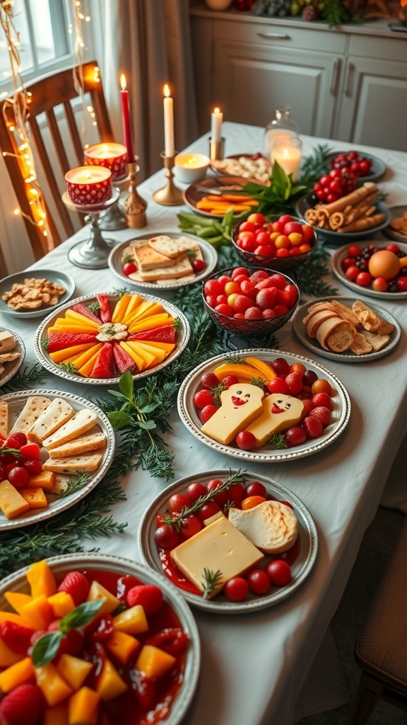 A festive Christmas party table with decorated food platters, fruits, cheeses, and ambient lighting.